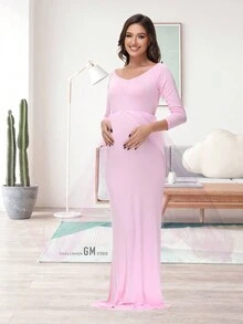 JustVH Robe longue de maternité à manches longues en maille, convenant pour les séances photo de bébé et les fêtes de baby shower, rose printemps - Rose bonbon - Voir 5