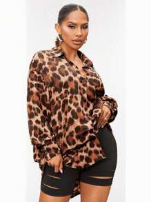 SHEIN SXY Áo sơ mi nghỉ mát in xuyên thấu nhẹ mùa hè, che chắn bãi biển họa tiết da báo - Nhiều màu - Xem 4