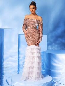 Váy dạ hội nàng tiên cá bằng vải tuyn nhiều lớp đính sequin lệch vai - Hồng - Xem 3