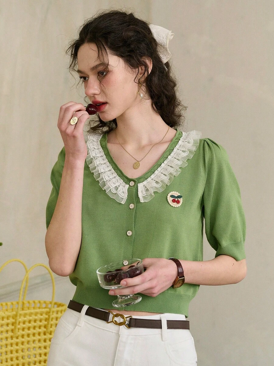 Simple Retro Áo sơ mi có chi tiết thêu có thể tùy chỉnh dành cho nữ - màu xanh lá - Xem 1