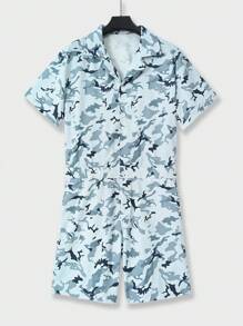 Manfinity Hypemode Men's Summer Camouflage Print Short Sleeve Casual Shirt Romper