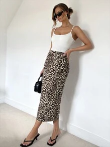 SHEIN Essnce 女性2件套裝：細肩帶加墊胸內衣背心和豹紋高腰分裙，適用於春夏 - 棕色 - 查看 3
