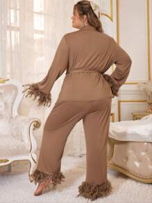 Slumberist Women's Plus Size Feather Decoration Tie Waist Long Sleeve Long Pants Pajama Set, Fall Clothes