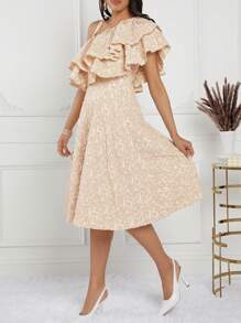 SHEIN Lady 女士不對稱肩褶邊中長禮服，夏季婚宴賓客服裝 - 杏色 - 查看 5