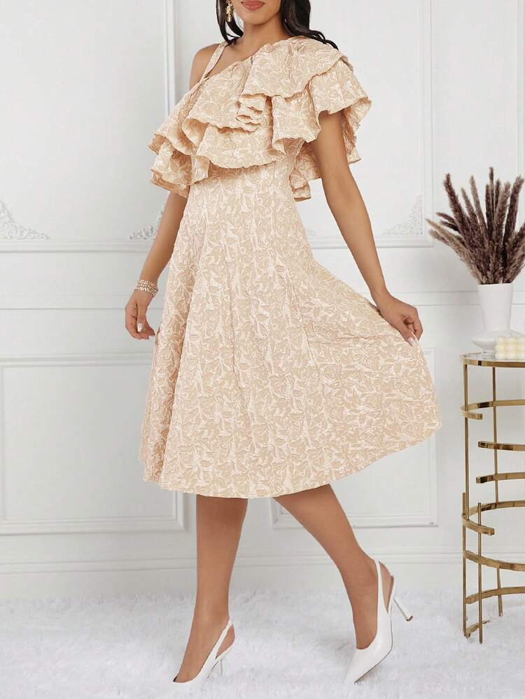 Women's Asymmetric Shoulder Ruffle Hem Midi Dress, Summer,Wedding Guest Dress