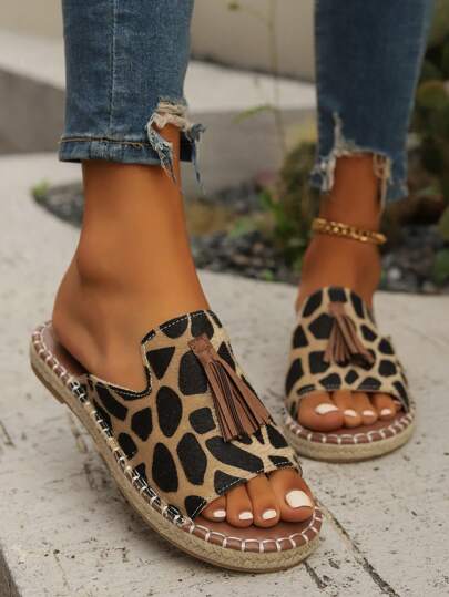 Women Fringe Fabric Summer Sandals Brown Peep-Toe Slippers