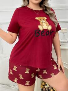 DUSKBASE Bộ đồ ngủ ngắn tay và quần đùi in chữ Plus Size & Gấu hoạt hình cho mùa hè - Màu Đỏ Sâu - Xem 6