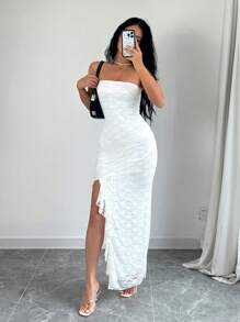 Rafferiza Women Fashionable Solid Color Split Front Strapless Dress