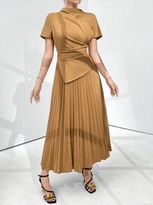 Modelyn Đầm cổ đứng tay ngắn màu trơn thời trang cho nữ - Màu Khaki - Xem 7