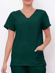 Solid Color Short Sleeve Top And Pants Scrub Uniform Set - Dark Green - View 4