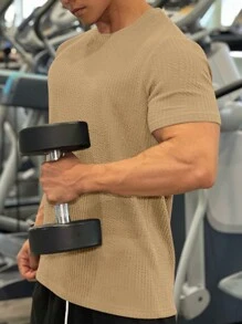 Manfinity Fitness Boyfriend Style Men's Simple Solid Color Short-Sleeved Sports T-Shirt - Khaki - View 1