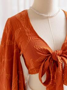 Soleia Women's Hippie Music Festival Brown Willow Branch Texture Open Front Tie Knot Flare Sleeve Ruffle Cuff Blouse