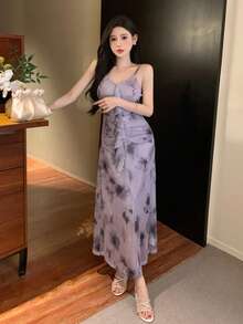 DAZY 女士时尚扎染印花吊带连衣裙舞会礼服优雅女士连衣裙花卉 - 紫色 - 查看 3