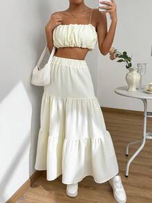 Chiquease Conjunto de top de tirantes de unicolor y falda texturizada de moda para mujer - Albaricoque - Ver 3