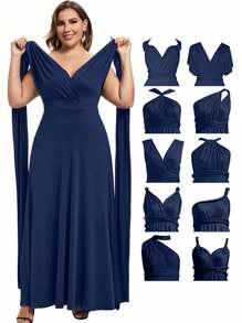 Plus Size Solid Color Off-Shoulder Ruched Criss-Cross Back Dress - Blue - View 1