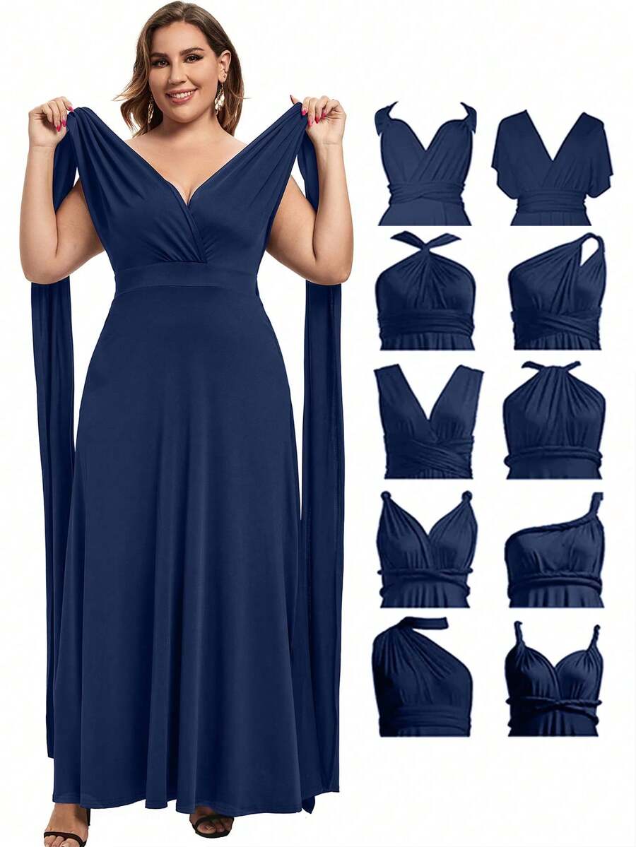 Plus Size Solid Color Off-Shoulder Ruched Criss-Cross Back Dress - Blue - View 1