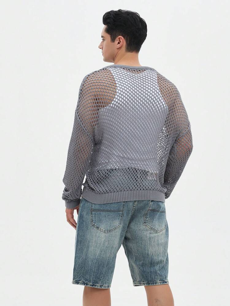 Men's Crochet Simple Solid Color Hollow Out Long Sleeve Knitwear