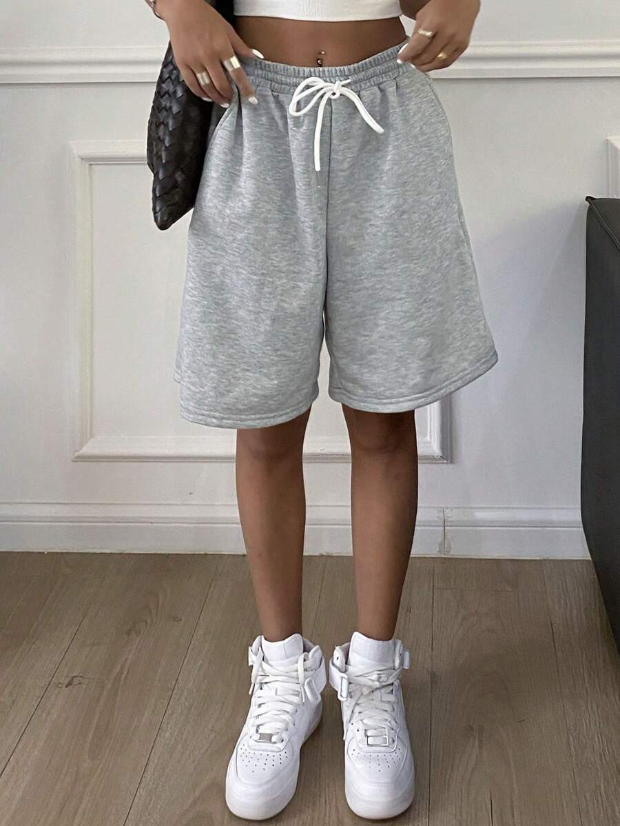 Livesso Loose Fit Women Printed Pattern Baggy Shorts With Drawstring Summer - Grey - View 1
