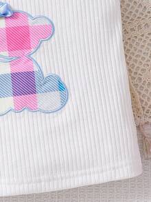 Baby Girl Cute White Top With Bear Embroidery And Colorful Checkered Mesh Fluffy Skirt Set - Multicolor - View 4