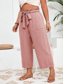 SHEIN Frenchy Damen Große Größen Hose aus Baumwoll-Musselin in einfarbigem Design mit Falten und elastischem Bund und großen Taschen, Caprihose - Pink - Übersicht 4