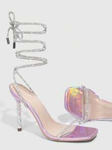 Woman Shoes Rhinestone Decor Tie Leg Design Heeled Strappy Sandals For Spring And Summer - Clear - View 5