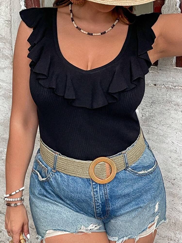 Plus Size Solid Color Knitted Sleeveless Top With Backless & Ruffled V Neckline For Summer