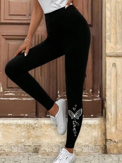 EMERY ROSE 女士休闲运动针织蝴蝶图案紧身裤，九分裤长，适合春秋季穿着，适合外出穿着，女士运动休闲装。