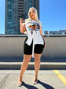 SHEIN SXY 2入套裝車紋印花分裂式下擺背心和騎行短褲 - 彩色 - 查看 5