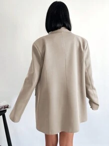 EURMUSE 女士純色寬鬆雙排釦長袖休閒西裝外套 - 米色 - 查看 2