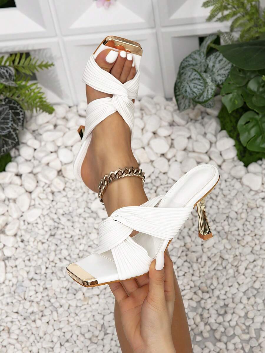 Summer New Fashion Pyramid Fabric Cocktail Heels In Gold With Metal Buckle, Open-Toe Sandals For Women, White - White - View 1