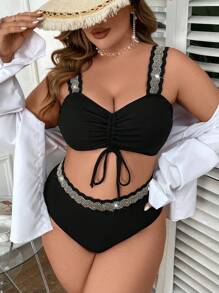 Swim Lushoire 加大尺碼束口海灘泳裝上衣，編織肩帶拼接設計，適用於度假 - 黑色 - 查看 3