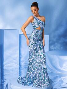 One-Shoulder Light Blue Glitter Evening Dress - Baby Blue - View 3