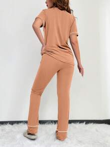 RueChic Conjunto De Pijama Para Mujer De Dos Tonos Con Mangas Cortas - Rosa - Ver 2