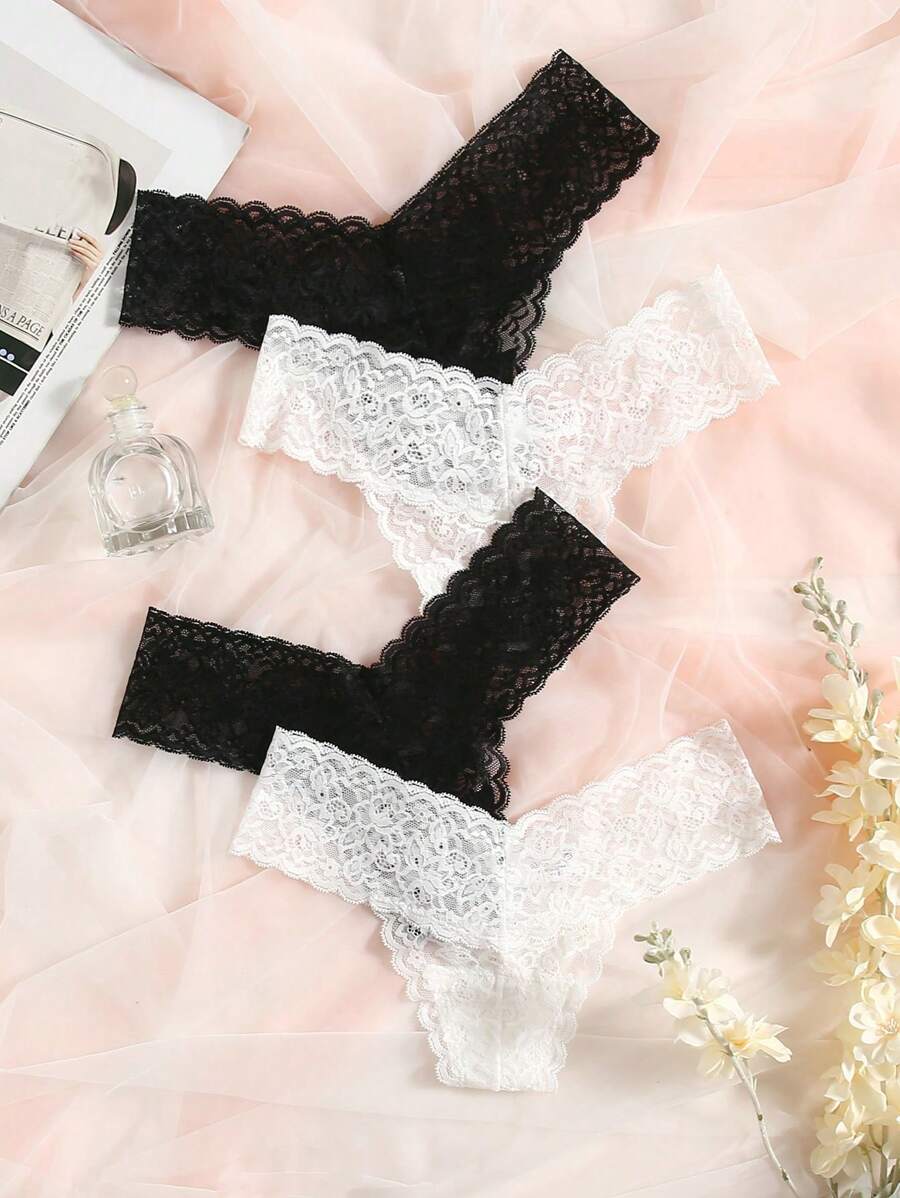 4 件装蕾丝扇贝边内裤套装性感内衣