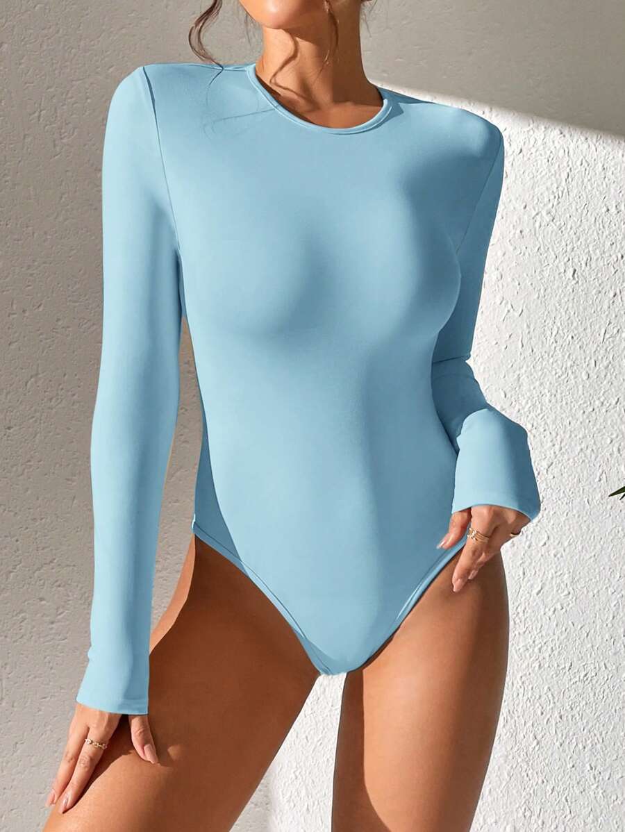 SHEIN PETITE Solid Slim Fit Spring Women Bodysuit - Baby Blue - View 1