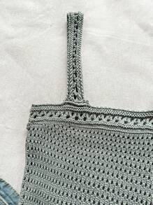 Soleia 女性夏季假期波西米亞音樂節灰色空心針織短款上衣 - 淺灰色 - 查看 4