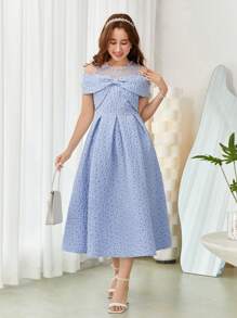 SHEIN Teen Girl Woven Net Dress With Embroidery, Bow And Off-Shoulder Design - Blue - View 7