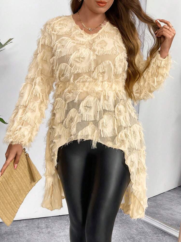 Plus Size Women's Summer Round Neck Lantern Sleeve Loose Shirt With Fringed High-Low Hem, Patchwork Design