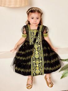 SHEIN Vestido largo de malla cómodo negro con patrón dorado para bebé niña de primavera y verano - Negro - Ver 5