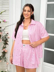 SHEIN EZwear Women's Plus Size Striped Heart Printed Top With Embroidered Shorts 2pcs/Set - Multicolor - View 1