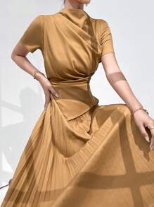 Modelyn Đầm cổ đứng tay ngắn màu trơn thời trang cho nữ - Màu Khaki - Xem 6