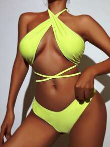 Swim SXY Women's Solid Color Halter Cutout Bikini Set With Neck Straps, Sexy Two-Piece Bikini Set For Vacation Summer Beach