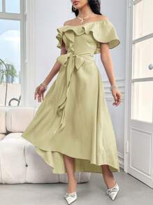 Modelyn Women's Summer Elegant Off Shoulder Knotted Waist Solid Color Splicing Ruffle Hem Dress Long Evening Dresses - Mustard Yellow - View 3