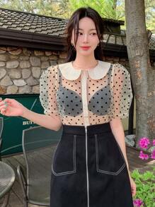 DAZY 波尔卡圆点网眼撞色短袖衬衫，彼得潘领，前襟纽扣，女式，褶边透视 - 杏色 - 查看 8