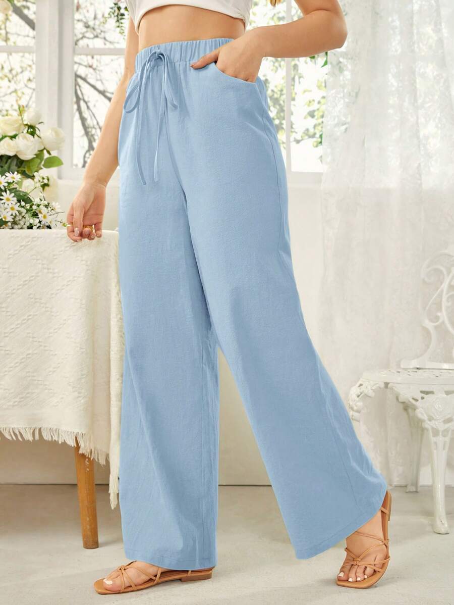 SHEIN Essnce Women's Solid Color High Waist Wide Leg Casual Pants With Belt And Pockets - Baby Blue - View 1