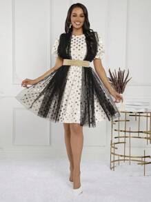 SHEIN Lady Women's White & Golden Dot Jacquard Fabric Contrast Mesh Bowknot Belted Summer Dress - Multicolor - View 7