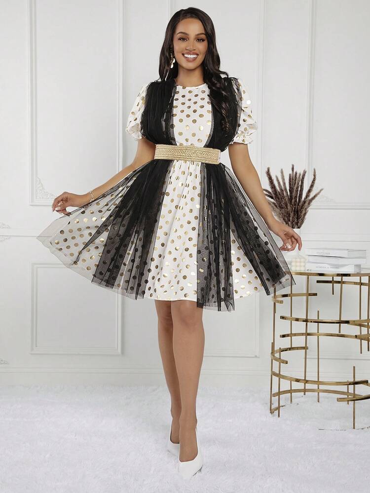 Women's White & Golden Dot Jacquard Fabric Contrast Mesh Bowknot Belted Summer Dress