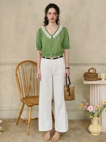 Simple Retro Áo sơ mi có chi tiết thêu có thể tùy chỉnh dành cho nữ - màu xanh lá - Xem 7