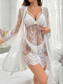 Set de halat și camisole sexy minimalist din dantelă sexy, cu detaliu alb