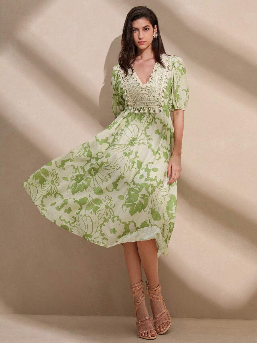 Anewsta Women's Random Floral Print V-Neck Dress - Green - View 1